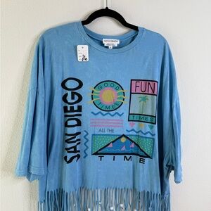 NATIVE YOUTH Blue Graphic Fringe Top